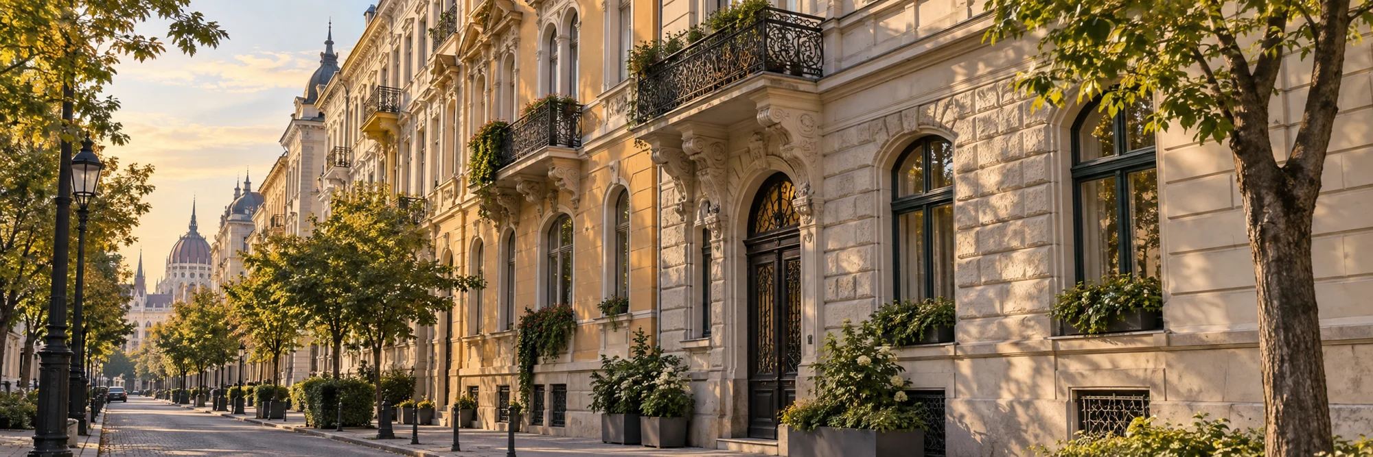 Hangulatos budapesti utcaképet idéző illusztráció, napfényes társasházi homlokzatokkal